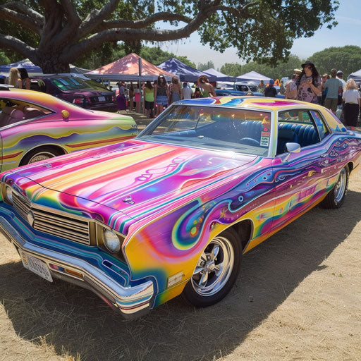 1976 Malibu Classic with psychedelic paint job at music festival