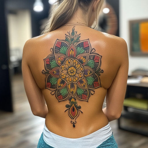 Daughter tattoos with colorful mandala pattern on lower back