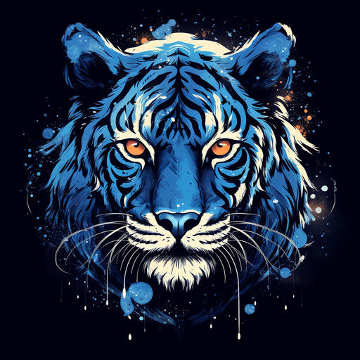 Cosmic tiger head on blue background, detailed illustration