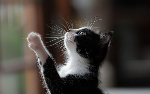 Black and white kitten in theatrical gestures