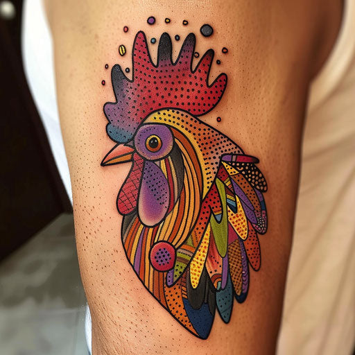 Pop art rooster tattoo, bold colors and dot patterns on comic-like white background