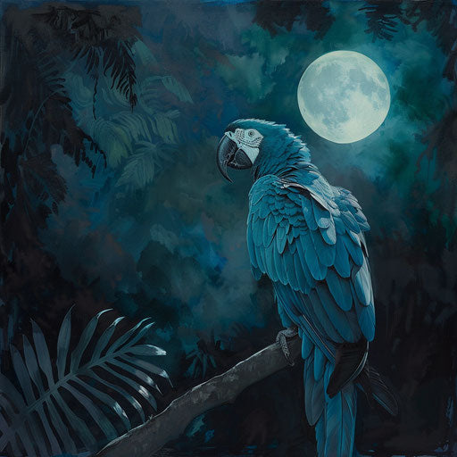 Spix's macaw bathed in the soft glow of the moonlight