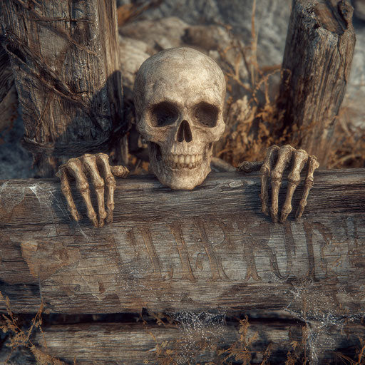 Rustic wooden sign with skull and skeletal hands
