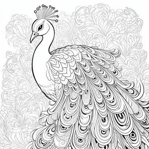 Adult coloring page with peacock drawing, flowing textures