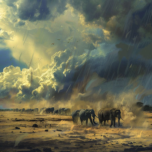 Dramatic crossing of an elephant herd with storm approaching
