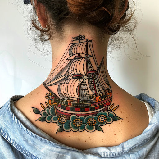 Pirate ship neck tattoo, Sailor Jerry style