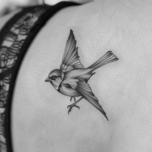 Vintage sparrow tattoo with bold outlines and classic shading on white paper