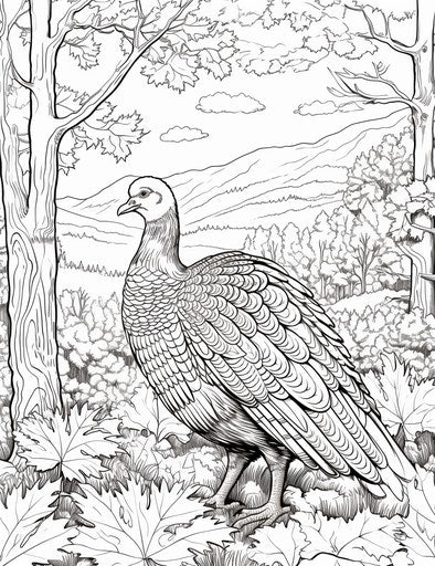 Turkey coloring page for kids, intricate engravings style, tranquil