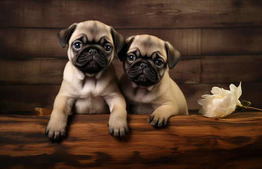 Two small pug puppies on a wood board