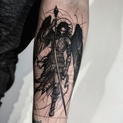Blackwork tattoo of Saint Michael in silhouette