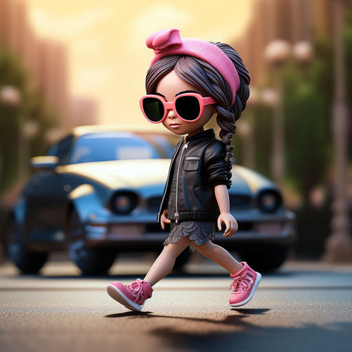 Cute cartoon girl in pink sunglasses walking to car