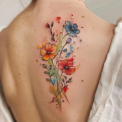 Watercolor wildflower tattoo, splashes of color, flowing design, ethereal