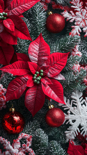 Poinsettia and Christmas ornaments