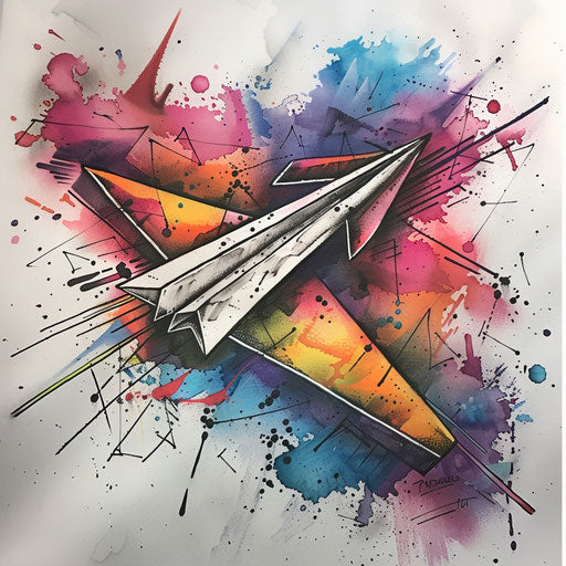 Edgy sketch of a paper airplane with graffiti style splatters and vibrant hues