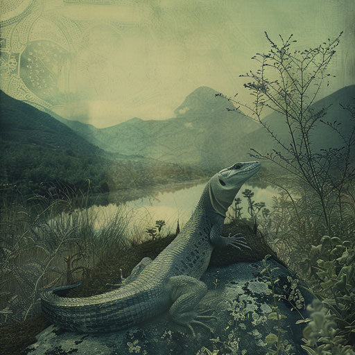 Blue tongue skink in a serene and poetic landscape