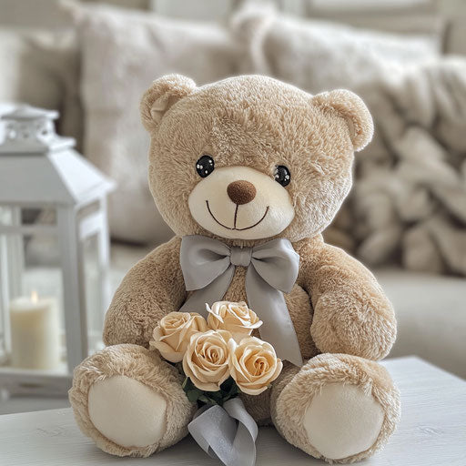 Cute teddy bear with roses, sitting on a table