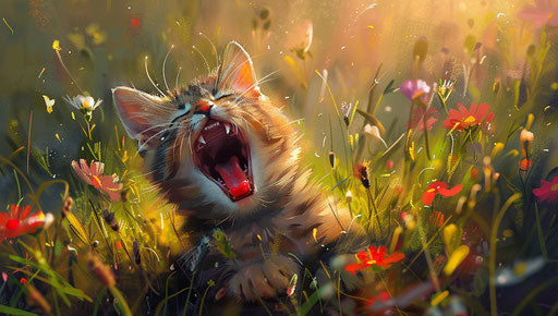Tiny kitten yawning in grass, smilecore, dreamy symbols