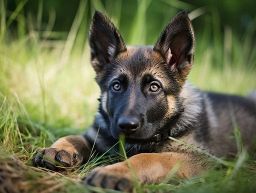 German shepherd puppy lying in grass