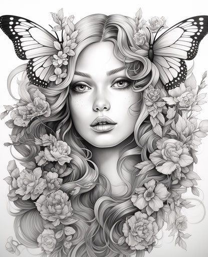 Fairy coloring page with wings and flowers