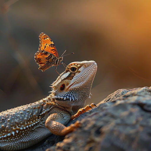 A playful encounter between a bearded dragon and a butterfly