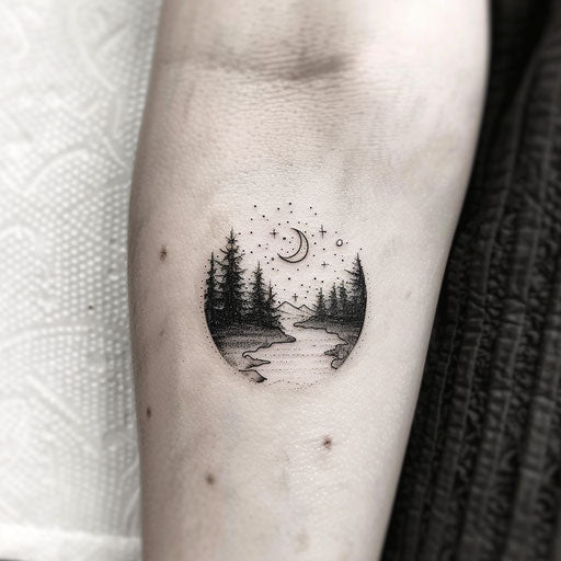 Flat tattoo sketch of a peaceful starlit night with a gentle moon