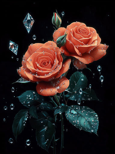 Three red roses with crystal drops, black background