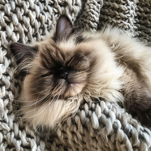 Himalayan cat on a knitted blanket with gentle expression