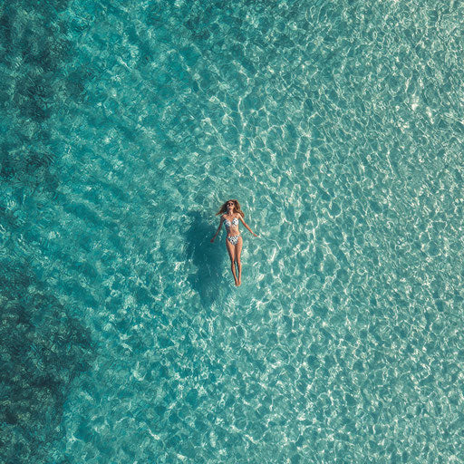 Aerial view of a woman floating in turquoise water