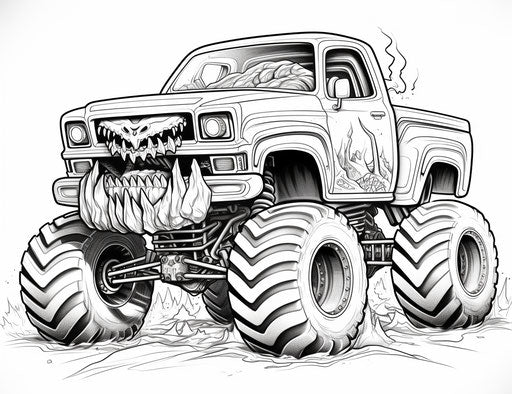 Monster trucks coloring page in expansive, outrun style