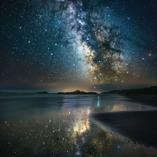 Sandy beach at night with stars on the water