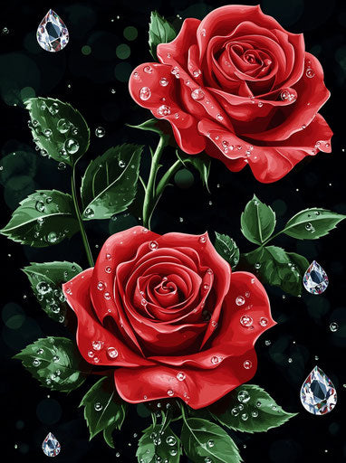 Three red roses with water drops and diamonds