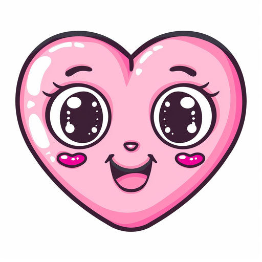 Pink heart with eyes and mouth in clipart style on white background, cute cartoon vector illustration with flat colors and vector art in kawaiicore style for digital art or 2d game graphics