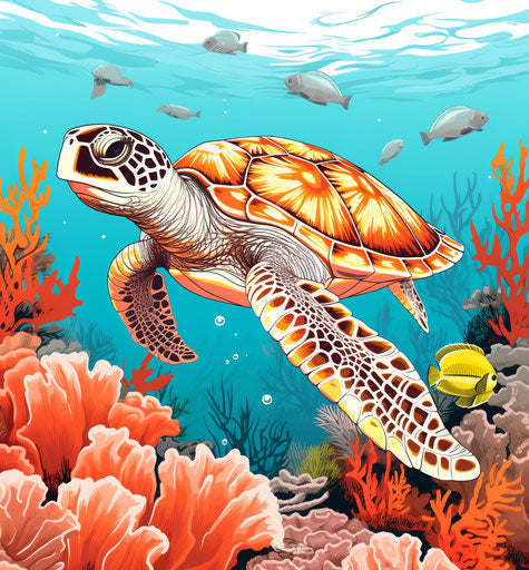 Water turtles on coral reef, minimalist style outline