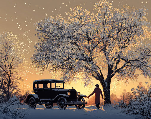 Winter stroll near an old car in the snow