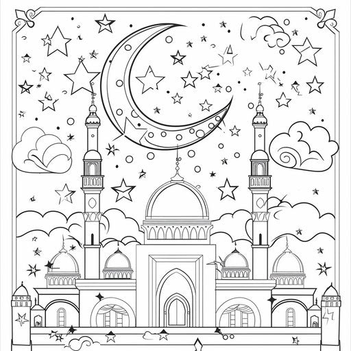 A serene Ramadan night with a crescent moon and stars