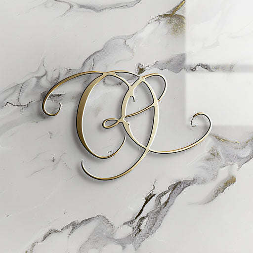 Elegant cursive clothing logo on marble background with gold accents