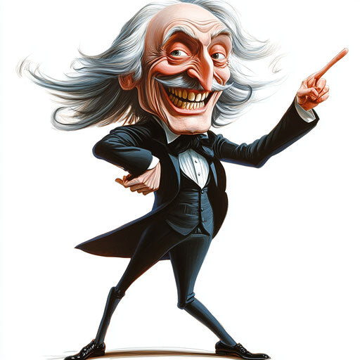 Humorous caricature of a Franz Liszt caricature clipart with human characteristics, exaggerated grin teeth, short legs, glowing, vibrant colors, cartoon style, pointing, high-resolution, no background, isolated