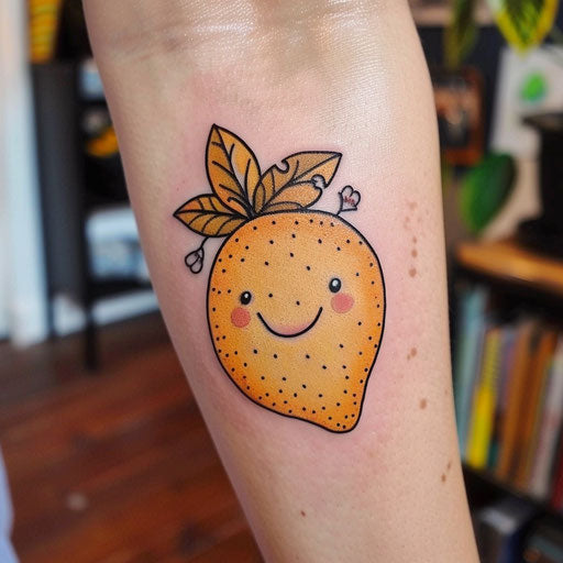 Charming flat tattoo sketch of a cartoon jagua fruit with a cute smile