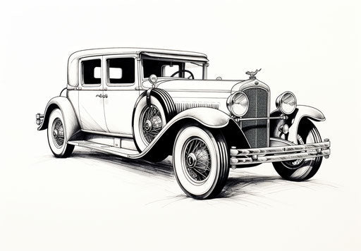 Vintage car drawn in black ink on white background