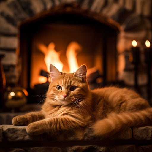 Ginger cat in front of a fire in a fireplace