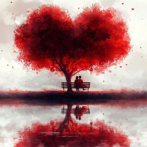 Heart-shaped tree with a loving couple by the lake