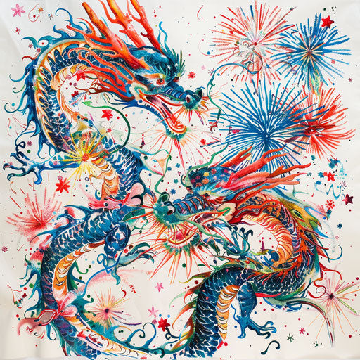 Chinese New Year scene with fireworks and dragons