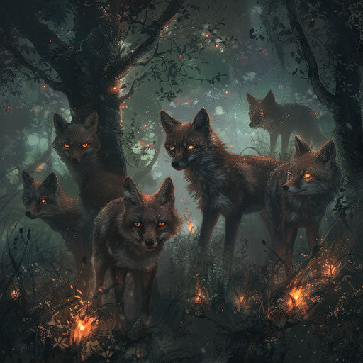 Mystical foxes with glowing eyes guide lost travelers