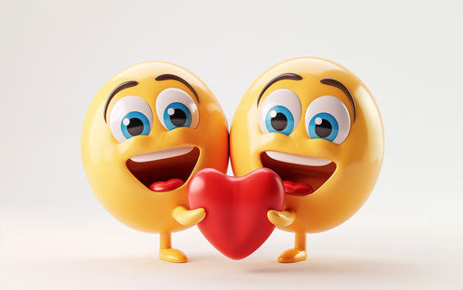 Two cute characters holding heart icon