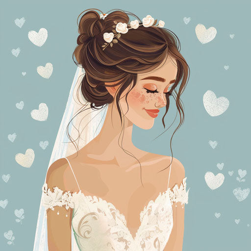 Bride in wedding party on blue background with hearts