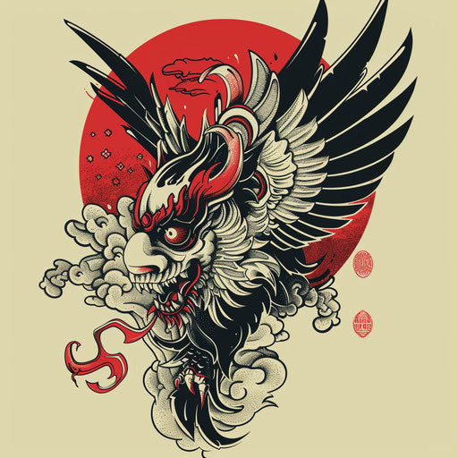Stylish tattoo sketch of a Tengu in a flat clipart style with trendy design
