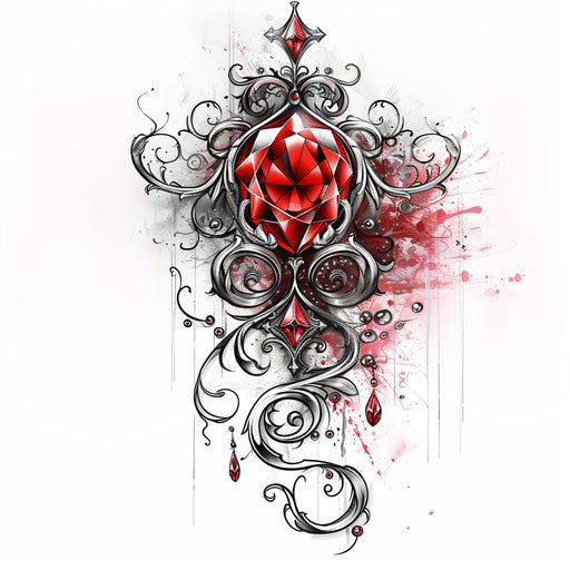 Mystical tattoo sketch of a ruby with swirling magical runes around it, deep red and silver, clipart style