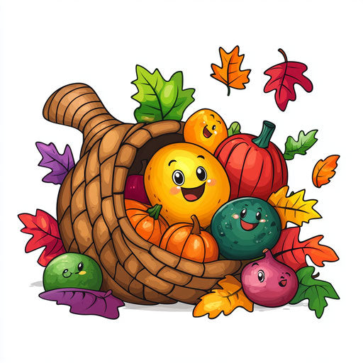 Smiling fruits and vegetables in cornucopia with leaves