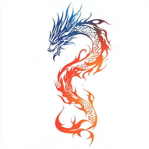 Tribal dragon tattoo sketch: dragon spiraling in tribal flames