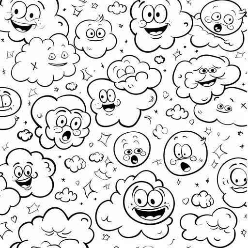 Cartoon clouds with faces displaying emotions